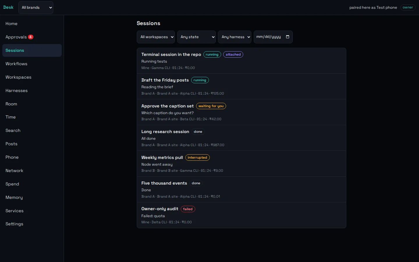 The sessions screen: each AI session with its state (running, waiting for you, done, failed) and its cost.