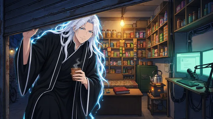 Gojo stepping in under the dukaan shutter with a cup of chai