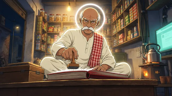 Ramu Kaka stamping a ledger at his dukaan desk