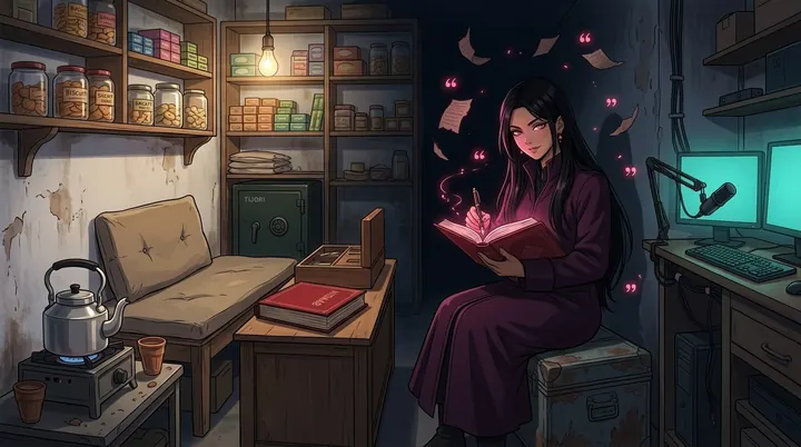Robin reading a glowing book in the dukaan