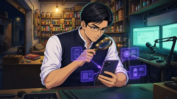 Sanji inspecting a phone with a magnifying glass