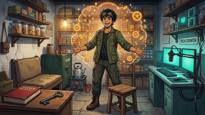 Usopp, arms wide among glowing gears